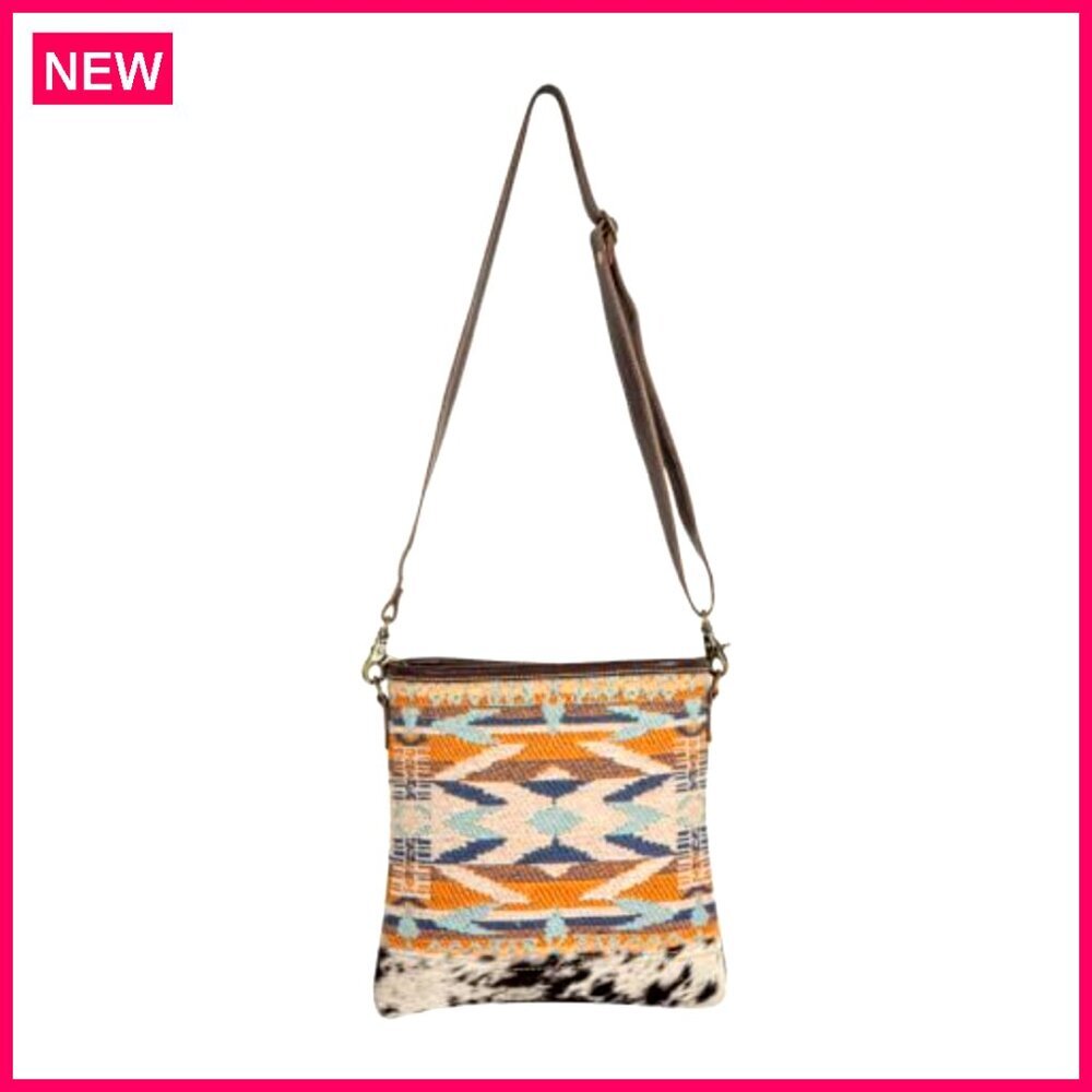Crossbody Shoulder Bag with Woven Rug Leather Accents Adjustable Strap - Picture 5 of 6
